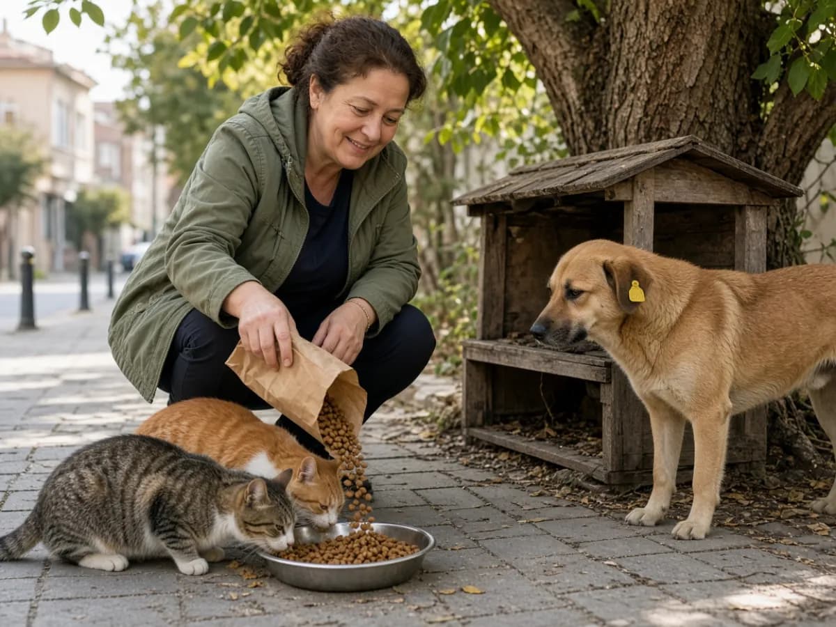 Besleme noktasında iki sokak kedisine ve küpeli bir sokak köpeğine mama koyan gönüllü