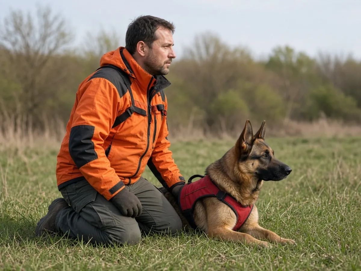 Turuncu montlu arama kurtarma eğitmeni ve yanında görev yelekli Alman Çoban köpeği